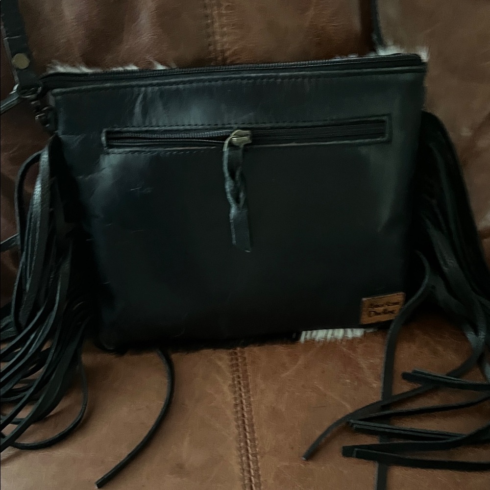 Black and White Cowhide & Leather Fringe Crossbody Bag - Picture 4 of 5